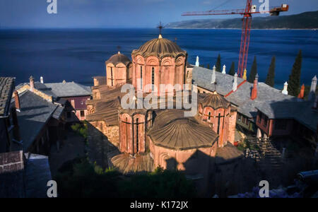 Monastère, péninsule Athos Dochiariou, Mont Athos, Chalkidiki, Grèce Banque D'Images