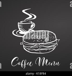 Bagel et café Menu, la craie sur tableau noir. La nourriture à la main et de lettrage. Noir et blanc. Illustration de Vecteur