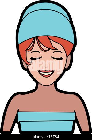 Femme avec cheveux enveloppés dans une serviette avec plaisir sur son visage montrant centre spa de droit connexes vector illustration design Illustration de Vecteur