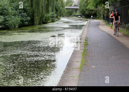 Regent's Canal. Londres, Royaume-Uni. Août 24, 2017. Météo britannique. Les gens le long de Regent's Canal couvert de lentilles d'un ciel couvert mais chaud après-midi. Credit : Dinendra Haria/Alamy Live News Banque D'Images