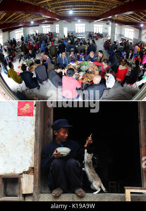 (170826) -- RONG'AN, le 26 août 2017 (Xinhua) -- associé photo montre les touristes (supérieur) ayant un repas dans Tongban Village de Rong'an County, Chine du Sud, région autonome Zhuang du Guangxi, le 4 mars 2017 et le père de Gexiong Guiquan longue interaction avec un chat quand il a un repas dans Tongban le 21 février 2014. Tongban Village est situé dans une zone montagneuse du Guangxi. Le 50-year-old Long Gexiong travailleur migrant a choisi de rester en ville dans Tongban après la fête du printemps en 2012. Il a lancé un projet visant à développer sa ville natale et créé une coopérative avec ses cousins. Ils ont planté des plu Banque D'Images