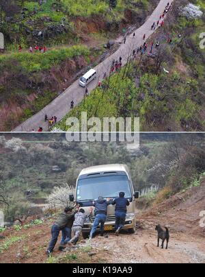 (170826) -- RONG'AN, le 26 août 2017 (Xinhua) -- photo combinée montre une route (supérieur) dans Tongban Village le 4 mars 2017 et les villageois en poussant un minibus en Tongban Village de Rong'an County, Chine du Sud, région autonome Zhuang du Guangxi, le 22 février 2014. Tongban Village est situé dans une zone montagneuse du Guangxi. Le 50-year-old Long Gexiong travailleur migrant a choisi de rester en ville dans Tongban après la fête du printemps en 2012. Il a lancé un projet visant à développer sa ville natale et créé une coopérative avec ses cousins. Ils ont planté des pruniers et les raisins et n'entreprise touristique avec les premiers Banque D'Images