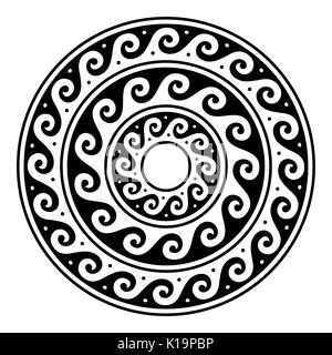 Vecteur de grec ancien méandre, mandala rond art en cercle blanc isolé sur fond noir et blanc inspiré par forme d'art traditionnelle Grèce Illustration de Vecteur