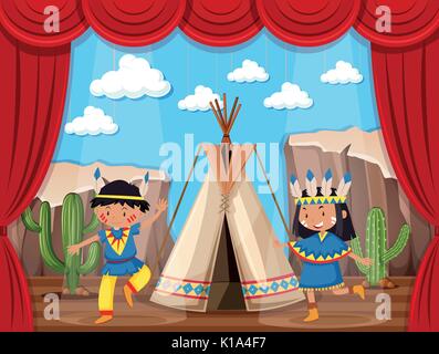 Garçon et fille jouant des Indiens indigènes sur scène illustration Illustration de Vecteur