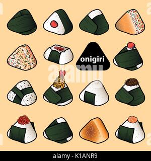 15 modèles de couleurs pastel isolés onigiri sur fond rouge avec des boules de riz japonais. d'algue nori dans un style dessiné à la main. vector illustration. Illustration de Vecteur