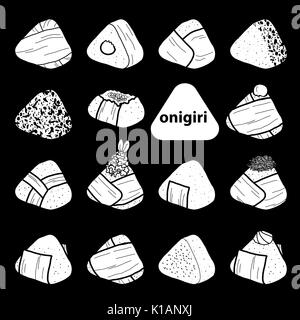 15 modèles de silhouette blanche isolée onigiri sur fond noir avec des boules de riz japonais. d'algue nori dans un style dessiné à la main. vector illustration. Illustration de Vecteur