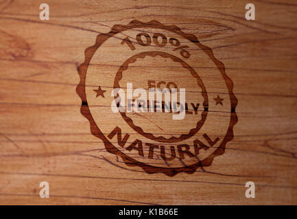 Surface en bois est estampillé avec '100 % Natural Eco Friendly'. Le rendu 3D. Banque D'Images