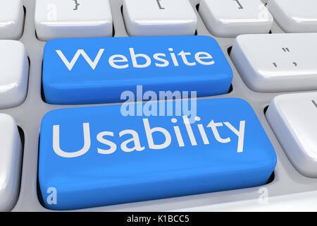 3D illustration de clavier de l'ordinateur avec le script 'Website Usability' sur deux boutons bleu pâle. Web concept. Banque D'Images