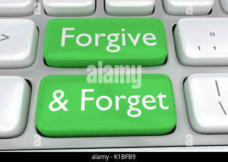 Rendre illustration de clavier de l'ordinateur avec l'impression pardonnez-oublier sur deux boutons verts Banque D'Images