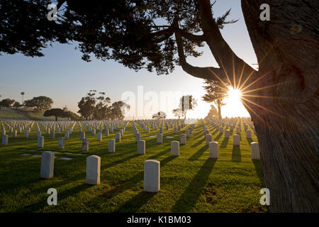 Lever du soleil à Fort Rosecrans National Cemetery, San Diego, Californie Banque D'Images
