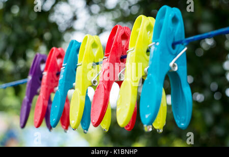 Rangée de colouful chevilles humides sur une ligne de lavage Banque D'Images