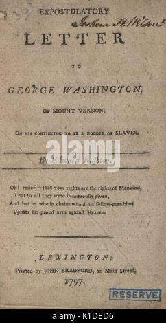 Couvrir à l'expostulatory lettre à George Washington, de Mount Vernon, sur son continue d'être titulaire d'esclaves, par Edward Rushton, un abolitionniste britannique, 1797. à partir de la bibliothèque publique de new york. Banque D'Images