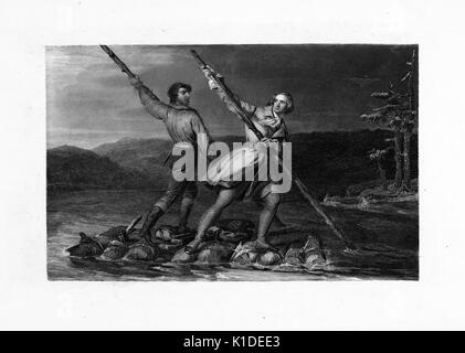 Une gravure de George Washington, puis un colonel, traversant la rivière Allegheny avec Christopher Gist sur un radeau de construction approximative, le matériel source pour la gravure était "George Washington et Christopher Gist Crossing la rivière Allegheny" de Daniel Huntington, 1900. De la bibliothèque publique de New York. Banque D'Images