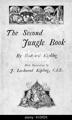 Une couverture pour le second livre de la Jungle par Rudyard Kipling, deux illustrations représentant le personnage principal et les animaux ornent la couverture, 1895. à partir de la bibliothèque publique de new york. Banque D'Images