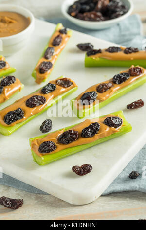 Des fourmis sur un journal Snack avec du beurre d'arachides et raisins Céleri Banque D'Images