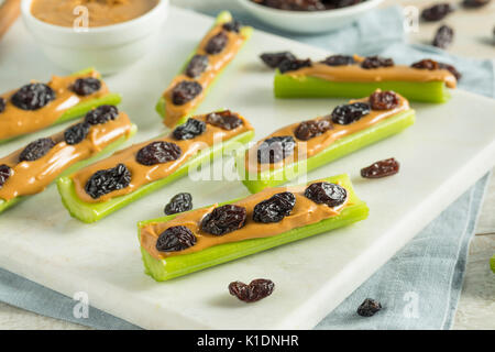 Des fourmis sur un journal Snack avec du beurre d'arachides et raisins Céleri Banque D'Images