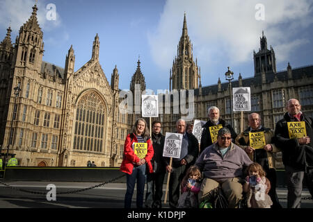 'Ax Chambre taxe". Chambre anti-contestataires de l'impôt démontrer en cour du Palais Vieux en face des édifices du Parlement de Westminster à Londres, au Royaume-Uni. Banque D'Images