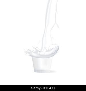 Verser le lait avec splash en verre isolé. Vector illustration réaliste. Illustration de Vecteur