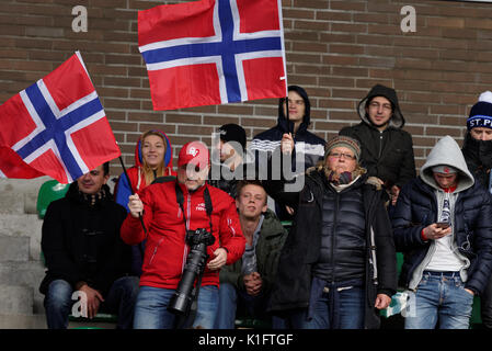 Pouchkine, oblast de Léningrad, en Russie - 10 octobre 2015 : fans norvégiens soutenir leur équipe pendant les match de qualification Championnat d'Europe 2016 dans un Banque D'Images