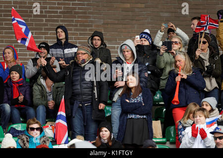 Pouchkine, oblast de Léningrad, en Russie - 10 octobre 2015 : fans norvégiens soutenir leur équipe pendant les match de qualification Championnat d'Europe 2016 dans un Banque D'Images