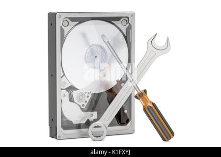 Disque dur Disque dur avec des outils. Concept de réparation et de récupération, 3D Rendering isolé sur fond blanc Banque D'Images