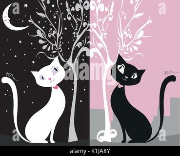 Chat blanc sur un ciel de nuit noire, black cat journée dans la ville, des étoiles et de la lune, arbre,vector illustration, Illustration de Vecteur