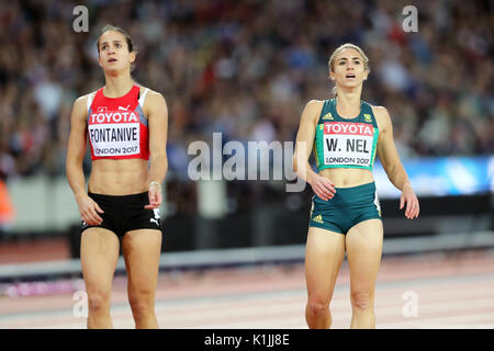 Wenda Nel (Afrique du Sud), Petra FONTANIVE (Suisse) qui se font concurrence sur le 400 m haies femmes à la demi-finale 1, 2017 championnats du monde IAAF, Queen Elizabeth Olympic Park, Stratford, London, UK. Banque D'Images