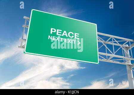 Hi-res l'autoroute 3D 'Paix' signe de route contre un ciel bleu avec des nuages et "Prochaine sortie" message. Le rendu 3D. Banque D'Images