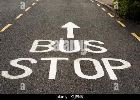 Bus Stop Sign et l'avant flèche peint en blanc sur une route asphaltée avec des marques jaunes. Banque D'Images