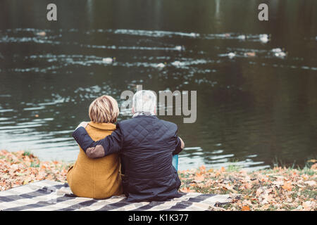 Vue arrière de Young couple embracing on plaid et à la recherche sur le lac avec des canards in autumn park Banque D'Images