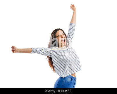 Happy woman with arms up et hurler de bonheur Banque D'Images