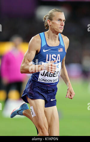 Evan JAGER (États-Unis d'Amérique) en compétition dans l'épreuve du 3000m steeple finale aux Championnats du monde IAAF, 2017, Queen Elizabeth Olympic Park, Stratford, London, UK. Banque D'Images