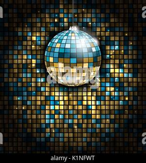 Boule disco bleu doré avec les rayons de lumière sur la mosaïque Deco Illustration de Vecteur