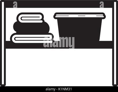 Sections noir silhouette de rack avec panier à linge et serviettes pliées Illustration de Vecteur