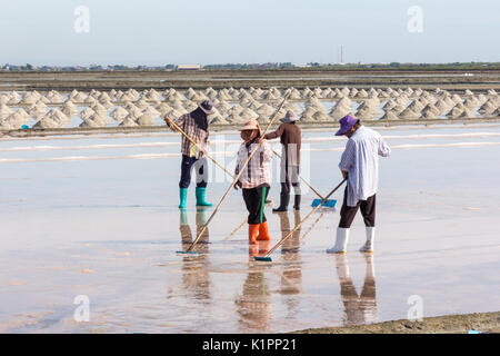 Rassemblement des travailleurs de sel de mer les salines, province de Petchaburi, Thaïlande Banque D'Images