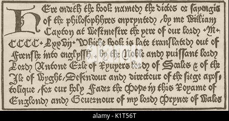 Impression - William Caxton - une réplique d'une partie du premier livre à être imprimé en anglais 'Le sayengis ou dicts des philosophes', également la première à porter une date et lieu de publication (1477) Banque D'Images