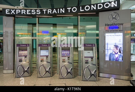 Express train pour Londres ticket kiosque à l'aéroport d'Heathrow Terminal 2 Building, Londres, UK Banque D'Images