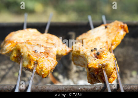 La cuisson des viandes à un pique-nique. La viande de porc étant rôti entier sur une brochette sur feu ouvert. Close-up chachlik macro morceaux de viandes de porc à la broche. Shi Banque D'Images