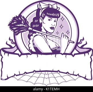 Illustration d'une femme de ménage Français Cleaner holding Feather Duster sur l'épaule à la recherche de la série avant l'intérieur du cercle et faites défiler jusqu'à l'araignée fait en ret Illustration de Vecteur