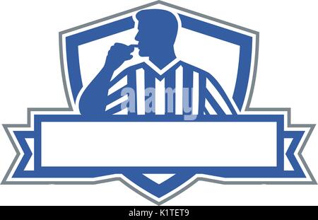 Illustration d'un arbitre officiel juge-arbitre sifflet en bouche de soufflage tenant à la recherche sur le côté vue de l'avant à l'intérieur de la crête avec la bannière d'écran Illustration de Vecteur