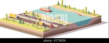 Paysage avec poly faible vecteur highway et la rivière Illustration de Vecteur