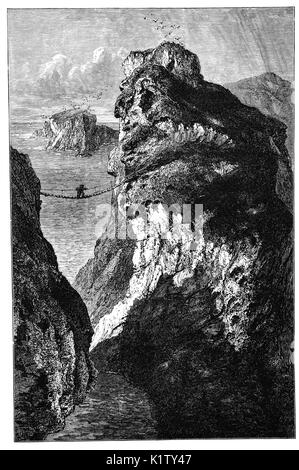 1870 : Le Carrick-a-Rede, près de Ballintoy dans le comté d'Antrim, en Irlande du Nord. Le pont relie le continent à l'île minuscule de Carrickarede où on pense les pêcheurs de saumon ont été la construction de ponts de l'île depuis plus de 350 ans. Il s'étend sur 20 mètres (66 ft) et est à 30 mètres (98 pi) au-dessus les roches ci-dessous. Banque D'Images