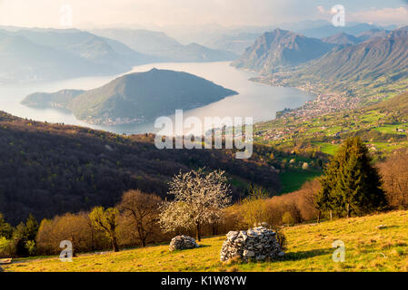 Coucher de soleil sur le lac d'Iseo et Montisola, province de Brescia, Italie, Lombardie, district de l'Europe. Banque D'Images