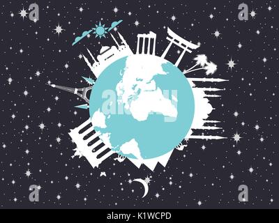 La planète terre dans l'espace. World Monuments de l'architecture. Voyage autour du monde. Vector illustration Illustration de Vecteur