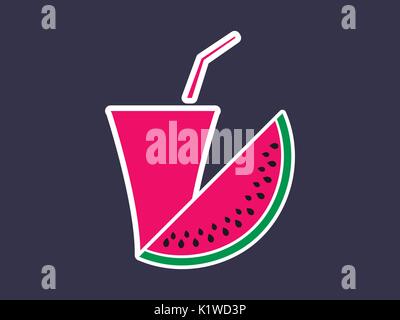 Le jus de pastèque. Tranche de melon d'eau avec un verre et une icône du tube d'un trait. Vector illustration Illustration de Vecteur