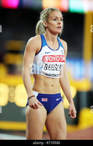 Meghan Beesley (Grande-Bretagne) qui se font concurrence sur le 400 m haies femmes 5 à la chaleur, aux Championnats du monde IAAF 2017, Queen Elizabeth Olympic Park, Stratford, London, UK. Banque D'Images