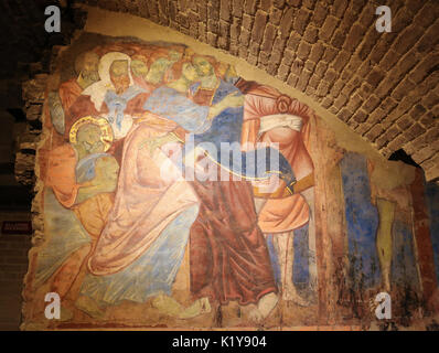 Fresque (1270) dans la crypte de la Cathédrale de Sienne à Sienne, Toscane, Italie, représentant Judas Iscariot trahissant Jésus avec un baiser dans le jardin d'Gethsema Banque D'Images