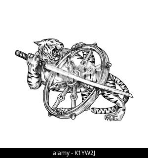 Illustration d'un style de tatouage Tigre avec katana Épée samouraï et Roue du Dharma fait de pair esquisse style tatouage. Banque D'Images
