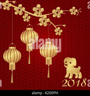 Le Nouvel An chinois. 2018 année du chien. Sous le bronze stylisé lanternes chinoises sur une branche de cerisier. L'illustration. Illustration de Vecteur