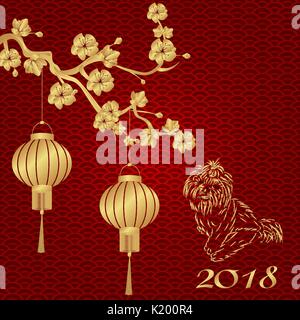 Le Nouvel An chinois. 2018 année du chien. Lanternes chinoises en bronze stylisé sur une branche de cerisier. Silhouette d'un chien assis l'illustration. Illustration de Vecteur